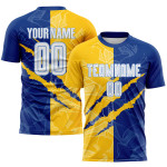 Custom Royal Yellow-Light White Scratch Jersey Blue Pattern Sublimation Soccer Graffiti Uniform