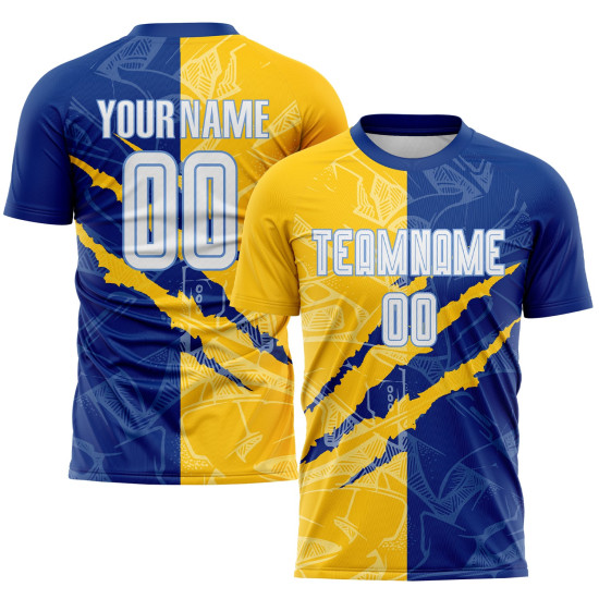 Custom Royal Yellow-Light White Scratch Jersey Blue Pattern Sublimation Soccer Graffiti Uniform