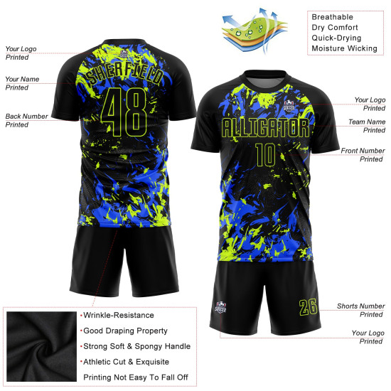 Uniform Custom Soccer Sublimation Black Black Jersey Neon Green-Royal Uniform Custom Soccer Sublimation Black Black Jersey Neon Green-Royal