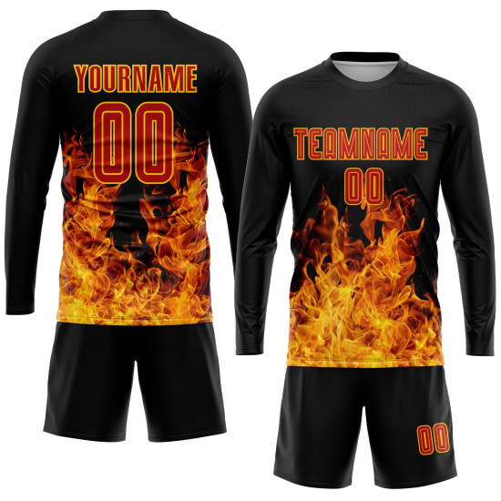 Sublimation Red-Gold Black Flame Soccer Uniform Custom Jersey