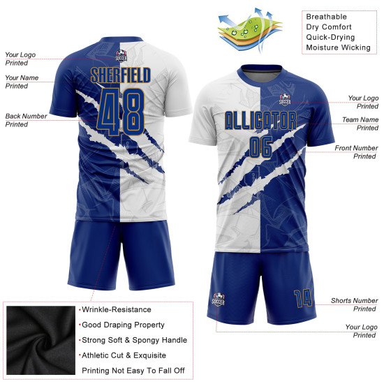 White-Old Scratch Jersey Royal Gold Soccer Graffiti Pattern Custom Uniform Sublimation White-Old Scratch Jersey Royal Gold Soccer Graffiti Pattern Custom Uniform Sublimation