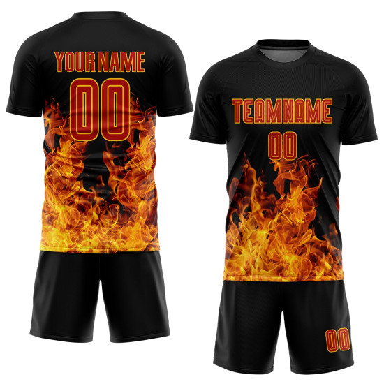 Sublimation Red-Gold Black Flame Soccer Uniform Custom Jersey