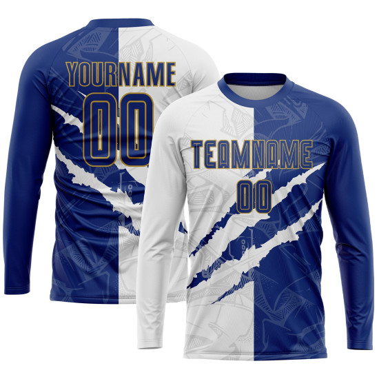 White-Old Scratch Jersey Royal Gold Soccer Graffiti Pattern Custom Uniform Sublimation White-Old Scratch Jersey Royal Gold Soccer Graffiti Pattern Custom Uniform Sublimation