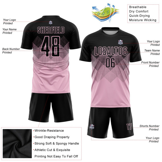 Custom Uniform Light Pink Jersey Sublimation Soccer Black Custom Uniform Light Pink Jersey Sublimation Soccer Black