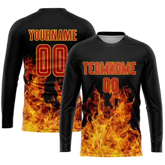 Sublimation Red-Gold Black Flame Soccer Uniform Custom Jersey