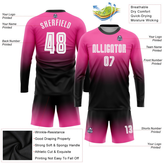Custom Jersey Sleeve Pink White-Black Sublimation Fade Fashion Soccer Long Uniform Custom Jersey Sleeve Pink White-Black Sublimation Fade Fashion Soccer Long Uniform