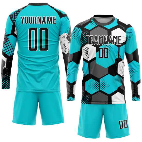 Sublimation Uniform Custom Soccer Aqua Black-White Jersey