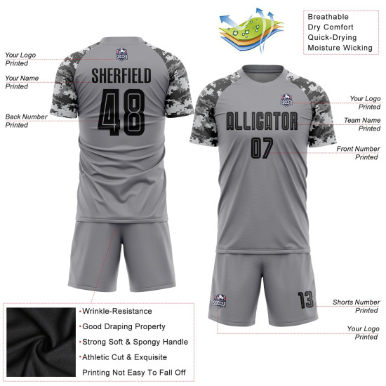 Custom Soccer Black-Camo Gray Jersey Sublimation Uniform