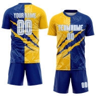 Custom Royal Yellow-Light White Scratch Jersey Blue Pattern Sublimation Soccer Graffiti Uniform